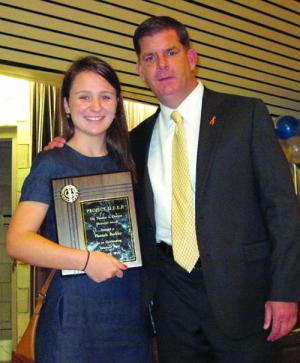 Mayor Walsh with Hannah Buckley, winner of the Dr. Thomas S. Durand Memorial as a Project DEEP tutor. Photo by Jacob Aguiar